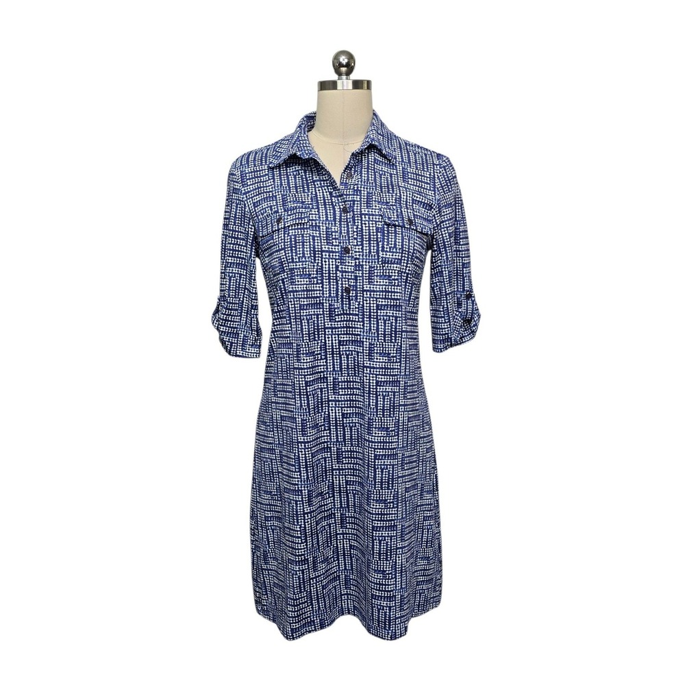 J.McLaughlin Blue White Geometric Shirt Dress 3/4 Sleeve Size Small